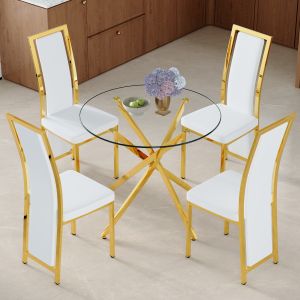 Conjunto mesa redonda cristal templado 4 sillas blanco dorado 75x88x88cm