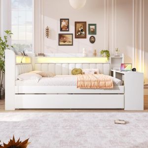 Cama juvenil 140x200 blanca con LED, usb, escritorio y cama nido