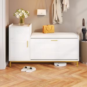 Zapatero con asiento acolchado y 1 puerta blanco oro 68x100x38cm