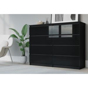 Cómoda 8 cajones 138cm, color: negro mate-negro brillante