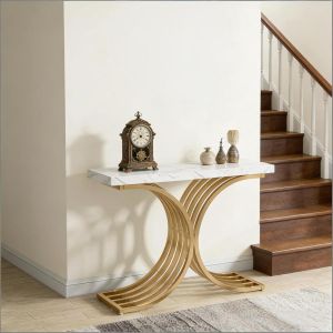 Mesa consola para recibidor salón efecto mármol blanco dorado 80x100x30cm