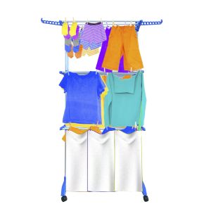 Tendedero xxl slim 4 niveles azul, barras acero, ruedas con freno