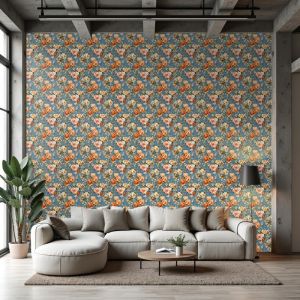 Papel floral vintage peonías naranja fondo azul petróleo 60cm por 250cm