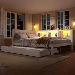 Cama abatible 140x200cm con estante LED usb blanco