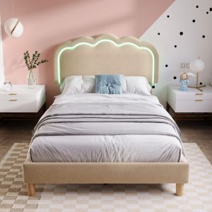 Cama tapizada 90x200cm con cabecero LED ajustable lino – beige