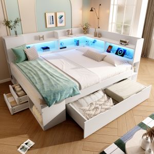 Cama multifuncional 140x200 cm con LED, usb y almacenaje madera – blanco