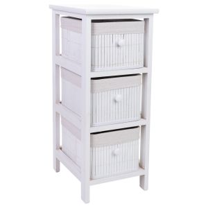 Cajonera blanca de madera con 3 cajones de bambú forrados 26x32x63 cm