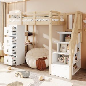 Cama alta 90x200 cm con cajones y estantería madera maciza