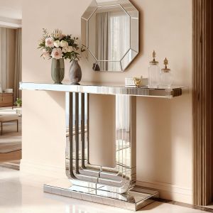 Mesa consola para recibidor salón vidrio y mdf plateado 120cm