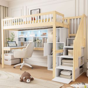 Cama alta 90x200cm con LED, escritorio y almacenaje madera blanco y natural