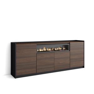 Aparador, 207x37x80cm, roble oscuro y negro, chimenea eléctrica rf4273