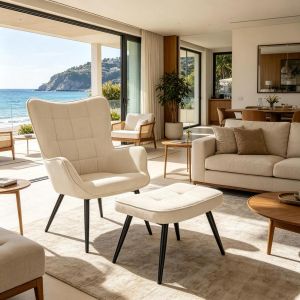 Sillón relax pana blanco crema con reposapiés para salón dormitorio