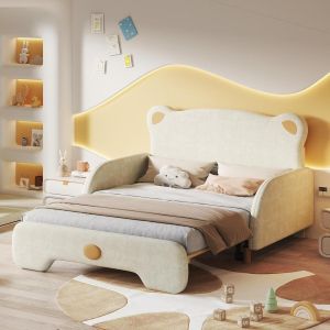 Cama infantil 140x200cm de terciopelo, oso, bordes acolchados beige