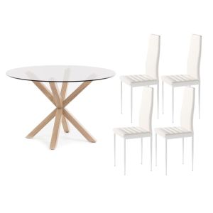 Pack mesa redonda de cristal templado + 4 sillas polipiel/metal blanco