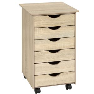Cajonera de madera con ruedas y 6 cajones 65x36x40 cm madera clara