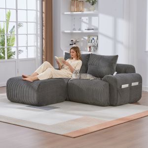 Sofá modular 2 plazas pana gris oscuro con reposapiés portavasos