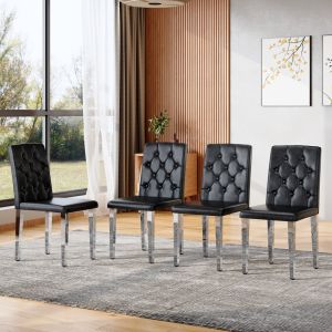 Set de 4 sillas pu negro con patas metálicas plateadas