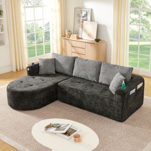 Sofá en l modular de tela negro con portavasos y bolsillos laterales