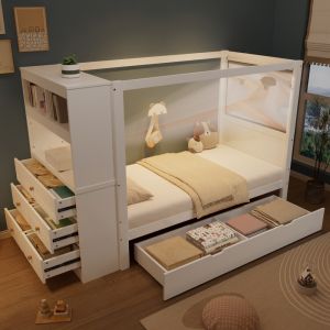 Cama infantil 90x200cm con almacenaje y barandilla madera – color blanco