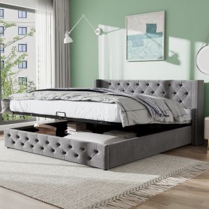 Cama con base elevable 160x200cm en terciopelo gris – estilo chesterfield