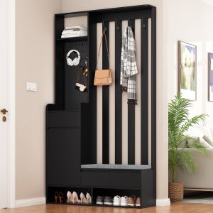 Mueble recibidor con banco acolchado 1 cajón 1 puerta negro 180x100x35cm