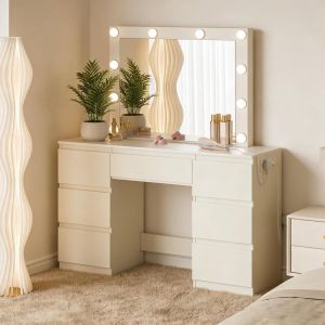Mesa de maquillaje con espejo LED y 7 cajones blanco 140,5x110x39,5cm
