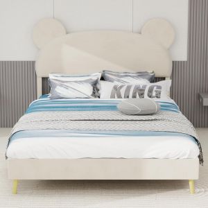 Cama infantil baja 140x200cm beige con cabecero orejas de oso