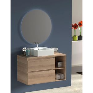 Mueble de baño zeus con lavabo y espejo redondo LED fresno tea 80 cm
