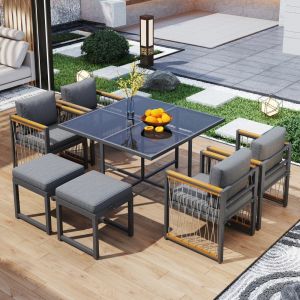 Conjunto mesa y sillas de jardín metal negro 6 personas con reposapiés