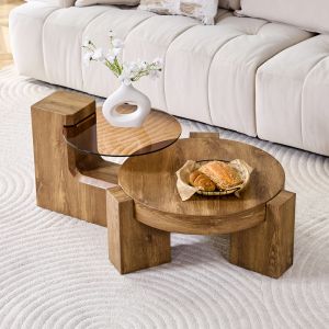 Mesa de centro redonda 2 en 1 madera y cristal marrón 30x61x61cm