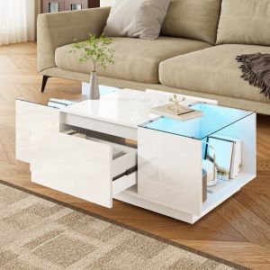 Mesa de centro con LED y 2 cajones blanco 35x105x50cm