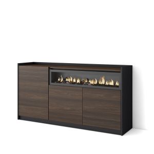 Aparador, 156x37x80cm, roble oscuro y negro, chimenea eléctrica rf4291