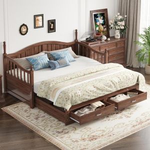 Cama sofá de madera, cajones y somier, 90x190 a 180x190cm, nogal