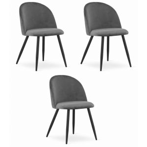 Silla valora bello, terciopelo gris oscuro, patas negras, juego de 3