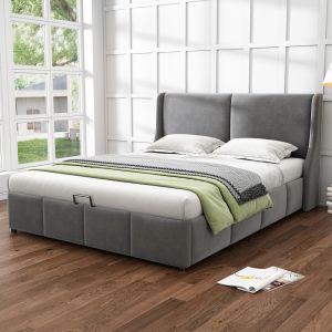 Cama con base elevable 160x200cm tapizada en terciopelo – gris