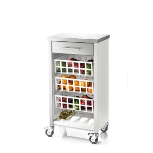 Carrito de cocina moher con encimera inox, 3 cestas, cajón y botellero