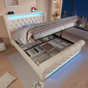 Cama 160x200cm con canapé, luz LED y carga usb en terciopelo suave – beige