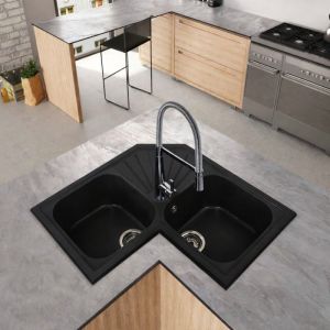 Fregadero angular ícaro 2 senos 76,5x76,5 resina negro mueble 80 cm