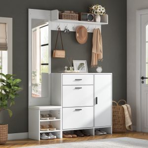 Mueble recibidor con zapatero banco espejo y 1 cajón blanco 200x140x30cm