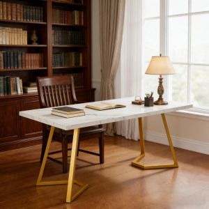 Escritorio para oficina en casa madera y metal blanco y dorado