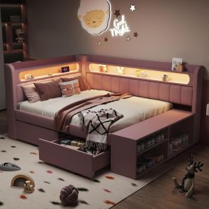 Canapé cama 90x200cm con usb LED 7 colores 2 cajones rosa