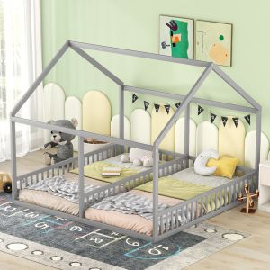 Cama infantil 2 en 1 90x200cm con barandilla, tipo casita, pino y mdf, gris