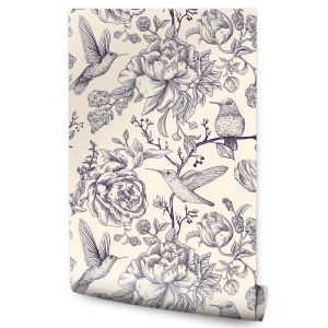 Papel Pintado Para El Dormitorio Con Pájaros Flores Retro 53cm x 10m