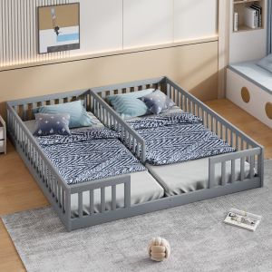 Cama doble 90x200 cm con barandilla y somier de madera – gris