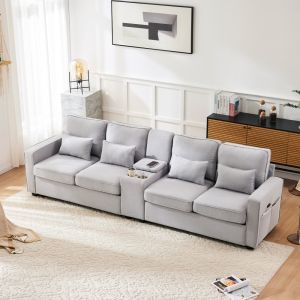 Sofá 4 plazas lino gris con consola usb portavasos cojines bolsillos