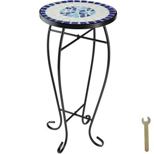 Mesa plegable de balcón, mosaico, 30 x 30 x 61,5 cm, blanco/azul