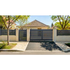 Pack puerta corredera 3m vogel h.140cm + puerta peatonal 1m h.140cm gris