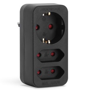 Aigostar adaptador 3 tomas, 1 schuko + 2 clavija eu, negro