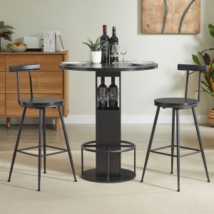 Mesa alta redonda con 2 taburetes madera y acero negro diámetro 80cm