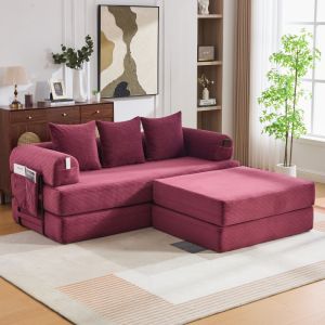 Sofá modular pana rojo vino 3 plazas con otomana